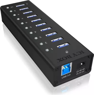 USB hub ICY BOX IB-AC6110, 10 porta, USB 3.2 Gen 1, alumini, e zezë