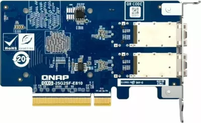 Kartë rrjeti QNAP QXG-25G2SF-E810, 25GbE, 2x SFP28, PCIe Gen4 x8, low-profile, set me 3 mbrojtëse, blu