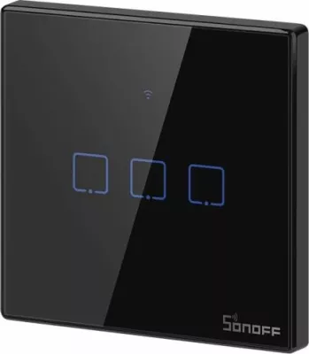 Ndërprerës muri smart Wi‑Fi SONOFF T3EU3C-TX, 3 kanale, touch, EU, xham i temperuar, i zi