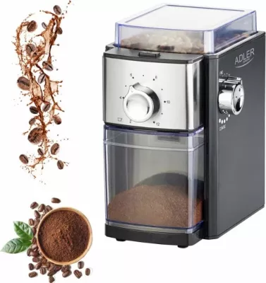 Mulli kafeje Adler AD4448, 250 g, burr metalik, 150 W/300 W max, e zezë/argjendtë