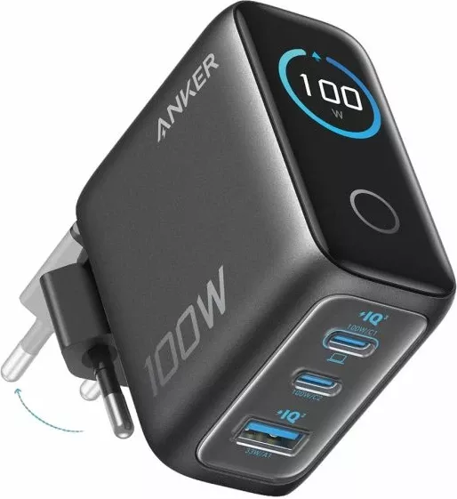 Karikues ANKER B121BGZ1 100W GaN me ekran smart, 3 porta (2x USB-C, 1x USB-A), gri e errët