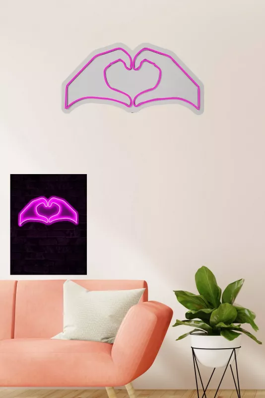 Dritë dekorative LED plastike, formë duar me zemër, ngjyrë rozë, 50x25x2cm