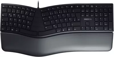 Tastierë Cherry JK-4500DE-2 ergonomike me dizajn të ndarë, lay-out gjerman (DE), me mbështetje për kyçe, lidhje USB, e zezë