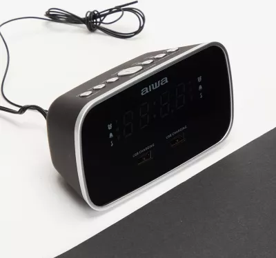 Orë alarmi me radio Aiwa CRU-19BK, FM/PLL, 2 alarme, 2x USB karikim, AUX In, ekran LED i zbehshëm, e zezë