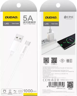 Kabllo karikimi dhe të dhënash Dudao L4ST, USB-A në USB-C, 1m, e bardhë