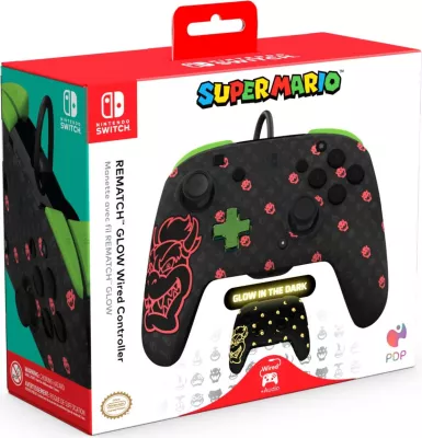 Kontroller me kabllo PDP REMATCH Bowser Glow in the Dark për Nintendo Switch, e zezë/jeshile