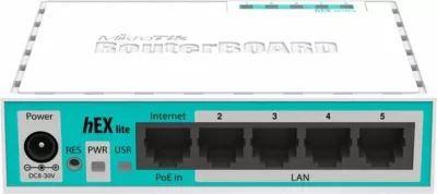 Router MikroTik hEX lite RB750r2 5x LAN 10/100, PoE-in, RouterOS L4, i bardhë