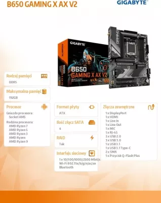 Pllakë amë Gigabyte B650 GAMING X AX V2, Socket AM5, ATX, 4x DDR5, Wi-Fi 6E, E zezë