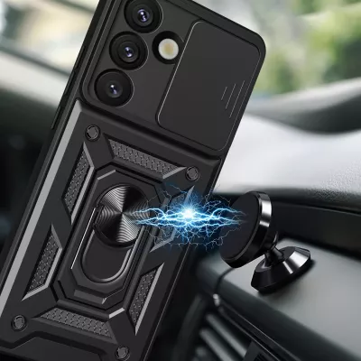 Mbështjellës Hurtel Hybrid Armor Camshield me stand dhe mbulesë kamere për OnePlus Ace Pro 5G / 10T 5G, i zi