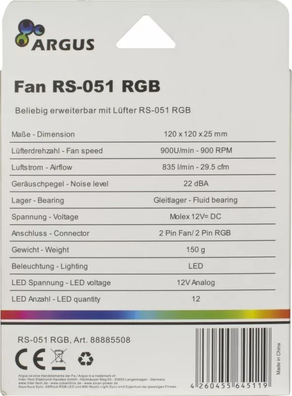 Ventilator Inter-Tech Argus RS-051 RGB, 12 cm, 900 RPM, 22 dB, 50.12 cfm, i zi