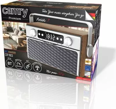 Radio portativ CAMRY CR1183 Bluetooth 5.0 FM USB AUX microSD me bateri 2600mAh, ngjyrë dru/kafe