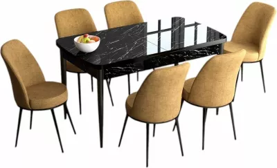 Set tavoline me karrige për ngrënie, i zgjatshëm, Skye Decor, mermer i zi, kapuçino, 7 copë