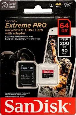 Kartelë memorje microSDXC SanDisk Extreme PRO 64GB, deri 200MB/s leximi & 90MB/s shkrimi, A2 C10 V30 UHS-I U3, me SD adapter, kuqe/zezë