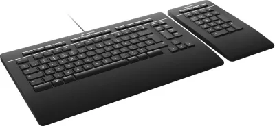 Tastierë 3Dconnexion Keyboard Pro, Numpad i ndarë, Full-size, Wired & Wireless, USB + RF Wireless + Bluetooth, Scissor key switch, QWERTZ, E zezë