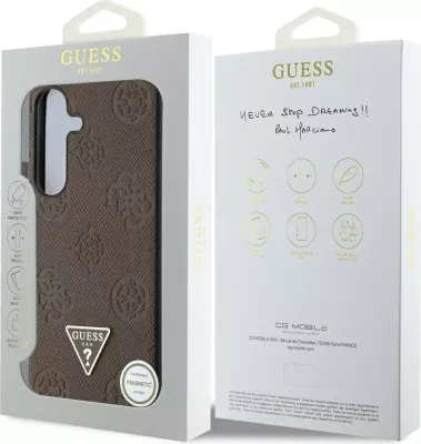 Mbështjellës Guess Grained Hot Stamp Peony Pattern Triangle Logo MagSafe për Samsung Galaxy S25, Kafe