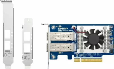 Kartë rrjeti QNAP QXG-25G2SF-E810, 25GbE, 2x SFP28, PCIe Gen4 x8, low-profile, set me 3 mbrojtëse, blu