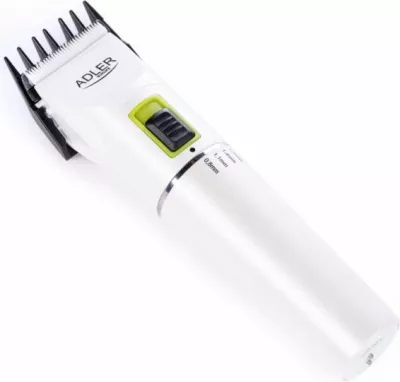 Makinë për prerje flokësh ADLER AD2827, Li-ion 2200 mAh, 5 orë punë, 2 shpejtësi, 4 krehëra 3/6/9/12 mm, me stacion karikimi, e bardhë/argjend, set