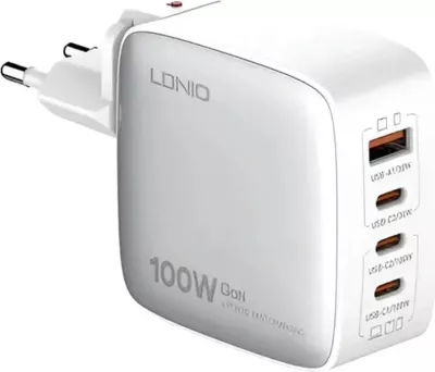 Karikues GaN LDNIO Q408 100W, 4 porte (1x USB-A + 3x USB-C), prizë universale, i bardhë