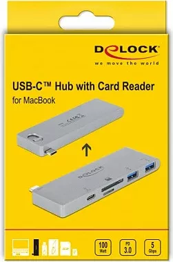 USB-C hub DeLOCK 64078, 2x USB-A + 1x USB-C, lexues SD/microSD, USB PD, gri