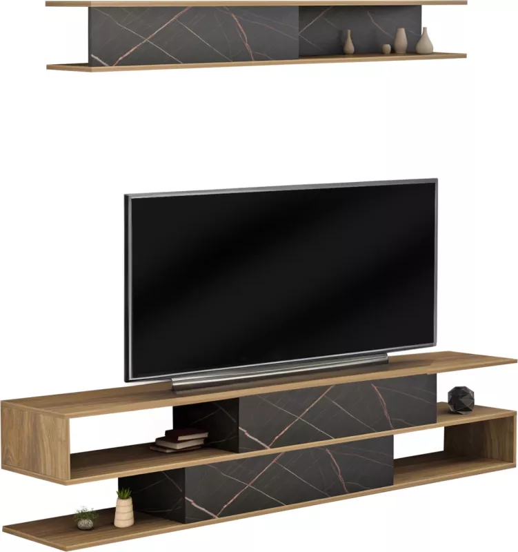 Kompleti i mobiljeve për TV, BIRGITTA, FH8903.12, melaminë, natyrale-mermer i zi, 181x31,5x39,6H cm