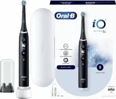 Furçë dhëmbësh elektrike Oral-B iO Series 6, 5 mënyra, me sensor presioni, me ekran OLED, me aplikacion, 1 kokë, me kuti udhëtimi, e zezë