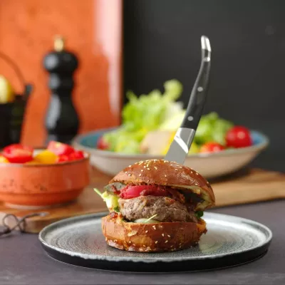 Thikë steak, OVE Corfu, teh 110 mm, çelik inoks, gjatësi totale 240 mm, dorezë Pakkawood, kafe e errët, set 6 copë me kuti dhurate