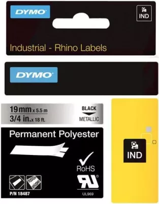 Shirit etiketas Dymo 18487 poliester i metalizuar ngjitës përhershëm 19mm x 5.5m, i zi në metalik