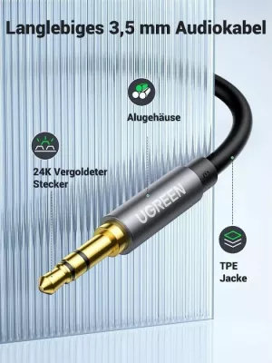 Kabllo zgjatëse AUX 3.5mm UGREEN 10592, 1m, 3-pol (TRS) male-female, e zezë/gri