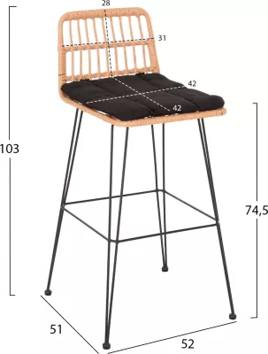 Karrige për bar jashtë ALLEGRA FH5452.11 metal & jastëk në ngjyrë të zezë-bezhë Wicker 52x51x103H cm