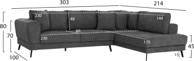 Këndare me shtrat, Zenora, kënd i djathtë, material stof ngjyrë gri e errët, FH3337.01R, 303x214x80cm