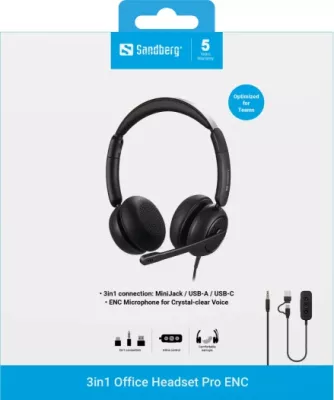 Kufje Sandberg 3in1 Office Headset Pro ENC (MPN 126-54), 3.5mm/USB-A/USB-C, me mikrofon, të zeza