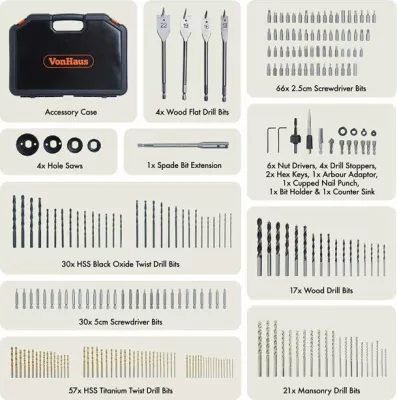 Set maje shpimi VONHAUS 3515384, 246 copë, për dru/metal/beton, me kasë, zi/portokalli