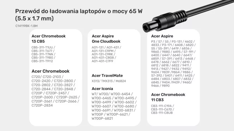 Kabllo furnizimi për laptop Acer Unitek, 65W USB-C - DC5,5, ngjyrë e zezë