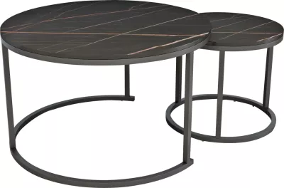 Set 2 tavolina kafeje ΗΜ8763.13, MDF efekt mermeri i zi, këmbë metalike të zeza, Φ80x48cm