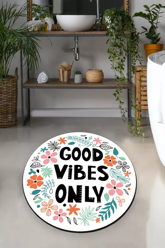 Tapet banje i rrumbullakët, shumëngjyrësh, 'Good Vibes Only', 200cm