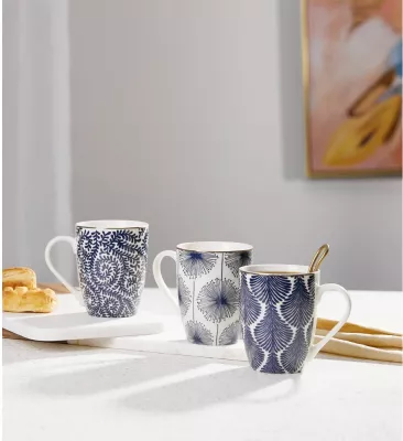 Filxhan Fleur, porcelan New Bone China, i bardhë, detaje blu e ar, 8x8x11cm