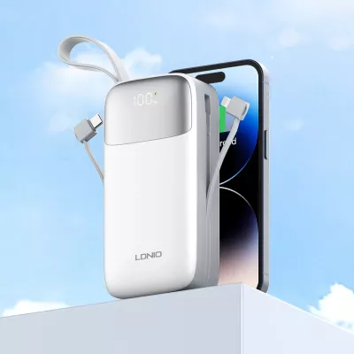 Power bank LDNIO PQ30 30000mAh 22.5W me kabllo të integrume USB-C/Lightning, 2 porta USB, e bardhë