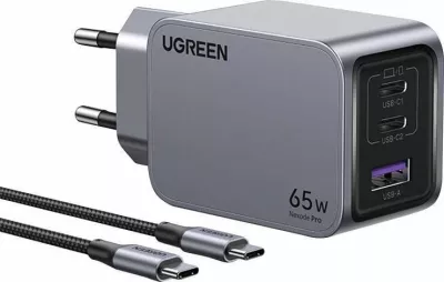 Karikues rrjeti Ugreen Nexode Pro UGR1833 65W, 2x USB-C + 1x USB-A, me kabllo USB-C 1.5m, i zi