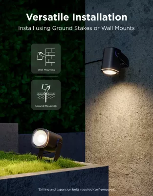 Reflektorë LED të jashtëm Govee Outdoor Spotlights 2, RGBWIC 16M ngjyra, IP67, Matter/Alexa/Google, 2 copë, të zeza
