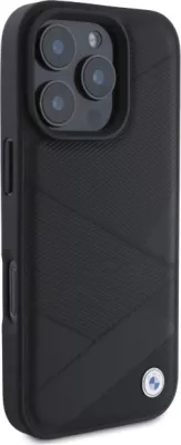 Mbështjellës BMW Sign Leather Crossing Lines Pattern për iPhone 16 Pro Max, lëkurë, zi