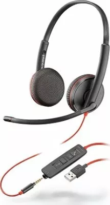 Kufje Poly Blackwire C3225 (209747-201), me mikrofon, USB + 3.5 mm, me kontroll në kabllo, duo, me detaje të kuqe