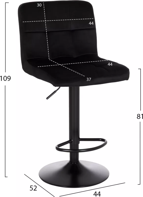 Karrige për bar rrotulluese DIANA, kadife e zezë, metal mat, 44x52x109cm, set prej 2 copë