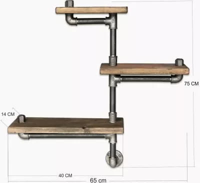 Raft muri industrial, dru bredhi, tuba metalik, ngjyrë e zezë dhe arre, Boruraf013
