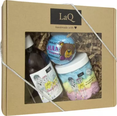Set kozmetik për fëmijë LaQ Bubble Gum, xhel trupi e duarsh 300ml, shkumë trupi 250ml, bombë banje me befasi blu 120g