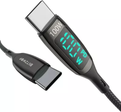 Kabllo USB-C në USB-C BlitzWolf BW-TC23, 1.8m, 100W, me ekran, e zezë
