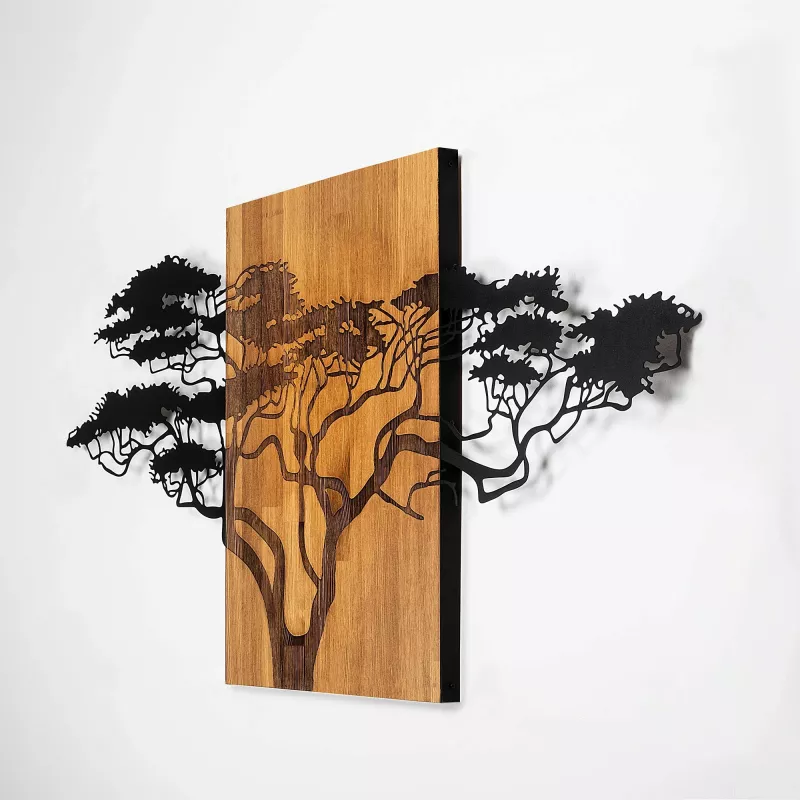 Aksesor dekorativ për mur, dru dhe metal, motiv peme akacie, ngjyrë e zezë dhe arre, 144x3x70cm