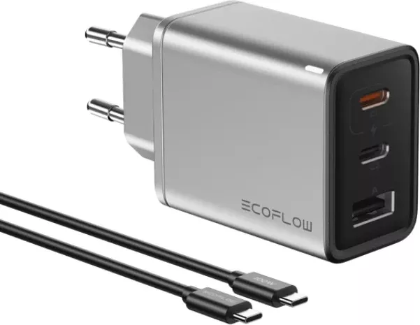 Karikues EcoFlow Rapid Charger MPN 5016801003, 65W GaN, 2x USB-C + 1x USB-A, me kabllo USB-C–USB-C 1 m, i hirtë