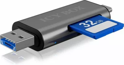 Lexues kartelash ICYBOX IB-CR200-C USB-C/USB-A/micro-B për SD/microSD deri 128GB USB 2.0 UHS-I, zi antracit