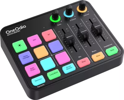 Mikser audio me kartë zanore USB-C OneOdio Solocaster, 24-bit/48kHz, 48V phantom, RGB, e zezë, set