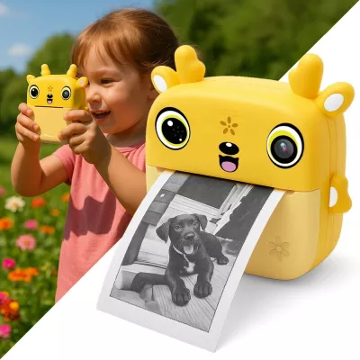 Aparat fotografik për fëmijë me printer termik, Media‑Tech SNAPI MT4108, ekran 2.4", foto deri 8 MP, video 1080p, microSD, USB‑C, bateri 1000 mAh, set me 3 role letre + flomastera e ngjitëse, verdhë